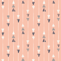 Hand drawn tribal textured arrows on pink background vector seamless pattern. Ethnic triangles and stripes geometric