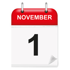Fototapeta premium Daily single-leaf calendar, red spine, 3d, month of November,first, 1st