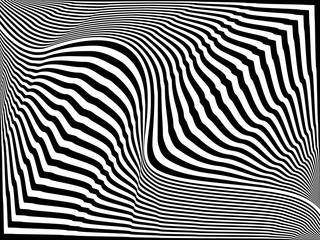 Abstract black and white striped wavy background. Geometric pattern with visual distortion effect. Optical illusion. Op art.