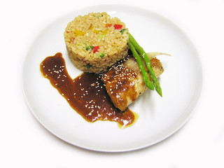 Seafood, fish, greens, rice