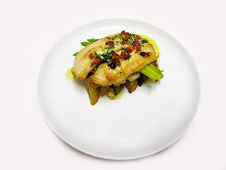 Seafood, fish, greens, salad
