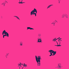 Ilustracion en patron de peces, palmeras y pelicanos a un tono estilo playa