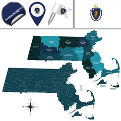 Map of Massachusetts with Regions - obrazy, fototapety, plakaty