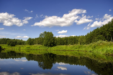 a big river around trees and greens