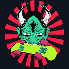 Ilustracion de demonio en estilo japones con tabla de skateboard