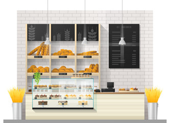 Interior scene of modern bakery shop with display counter , vector , illustration