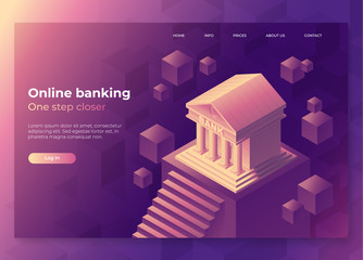 Online banking landing page concept. Isometric illustration of bank on geometric background. 3d vector illustration. Concept for internet banking and online payments. Eps10 vector