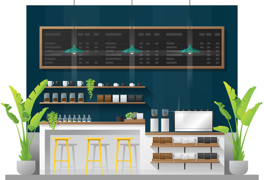 Interior Scene Of Modern Coffee Shop Counter Bar , Vector , Illustration