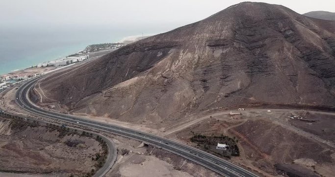 Aerial view of FV-2 motorway and mountain in Fuerteventura, Canary Islands, Spain
