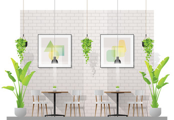 Interior scene of modern restaurant with tables and chairs for customer , vector , illustration