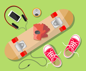 Illustration with a set of skateboarder objects in a flat style, top view