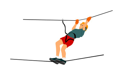 Extreme sportsman took down with rope. Man climbing vector illustration, isolated on white. Sport weekend zipline action in adventure park rope ladder. Ropeway for fun, team building. Rescue mission.