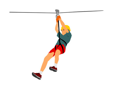 Extreme sportsman took down with rope. Boy climbing vector illustration, isolated on white. Sport weekend zipline action in adventure park rope ladder. Ropeway for fun, team building. Rescue mission.