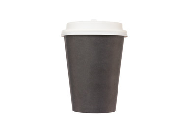 Black cardboard cup for take-away coffee with a white plastic lid. Isolate on white background