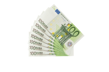 Stack of hundred euro banknotes isolated on white background