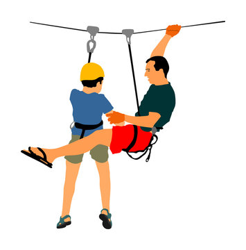 Extreme sportsman took down with rope. Man climbing vector illustration, isolated. Sport weekend zipline action in adventure park. Ropeway for fun, team building. Rescue mission. Instructor helps boy.