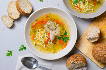 Quail Noodle Soup, Homemade Broth with Noodles and Vegetables Served with Bread Rolls, Zama, Traditional Moldavian and Romanian Soup