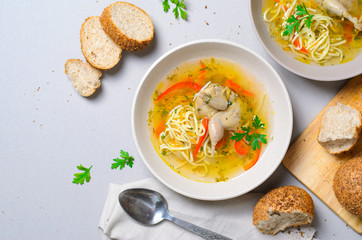 Quail Noodle Soup, Homemade Broth with Noodles and Vegetables Served with Bread Rolls, Zama, Traditional Moldavian and Romanian Soup