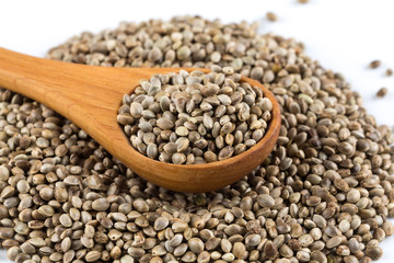 Cannabis Hemp seeds in spoon on white