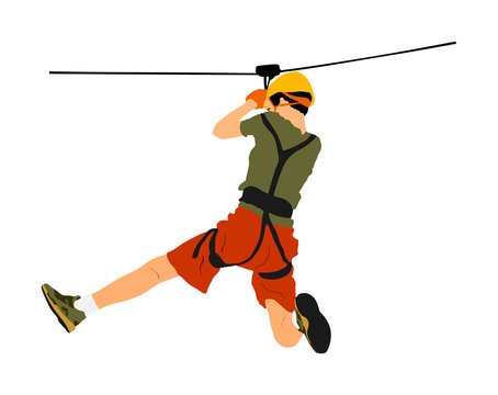 Extreme sportsman took down with rope. Man climbing vector illustration, isolated on white. Sport weekend zipline action in adventure park rope ladder. Ropeway for fun, team building. Rescue mission.