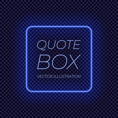 Vector Neon Frame, Bright Blue Square Border, Transparent Background.