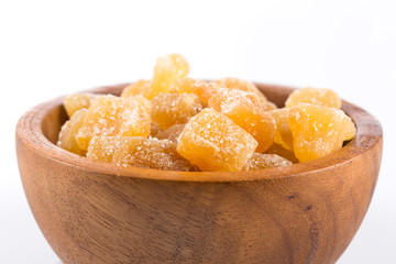 heap of sweat Candied ginger isolated on white