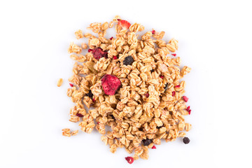 Muesli oat cereals close up background with dry fruits