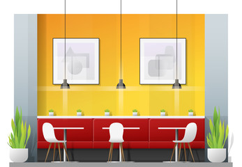 Interior scene of modern restaurant with tables and chairs for customer , vector , illustration