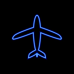 Fototapeta na wymiar Vector Neon Airplane, Plane Icon, Travel Concept, Light Blue Line.
