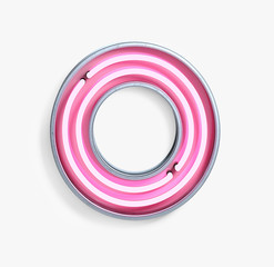 Bright Neon Font with fluorescent pink tubes. Number 0. Night Show Alphabet. 3d Rendering Isolated on White Background.