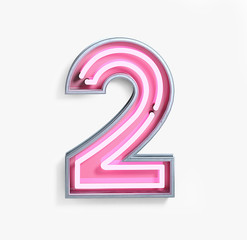 Bright Neon Font with fluorescent pink tubes. Number 2. Night Show Alphabet. 3d Rendering Isolated on White Background.