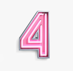 Bright Neon Font with fluorescent pink tubes. Number 4. Night Show Alphabet. 3d Rendering Isolated on White Background.