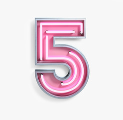 Bright Neon Font with fluorescent pink tubes. Number 5. Night Show Alphabet. 3d Rendering Isolated on White Background.
