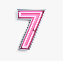 Bright Neon Font with fluorescent pink tubes. Number 7. Night Show Alphabet. 3d Rendering Isolated on White Background.