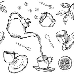 Modèle sans couture avec des icônes de thé dessinés à la main. Théière esquissée volante et tombante, tasses, feuilles de thé, etc. Illustration vectorielle noir et blanc