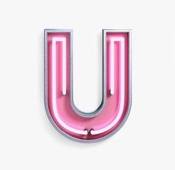 Bright Neon Font with fluorescent pink tubes. Letter U. Night Show Alphabet. 3d Rendering Isolated on White Background.