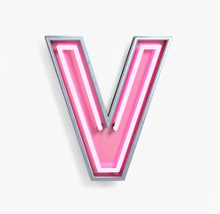 Bright Neon Font with fluorescent pink tubes. Letter V. Night Show Alphabet. 3d Rendering Isolated on White Background.