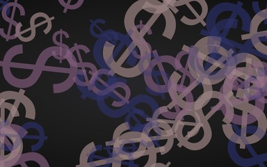 Multicolored translucent dollar signs on dark background. Red tones. 3D illustration