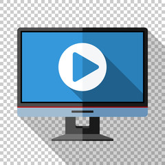 Monitor icon in a flat style with a play button on the screen and a long shadow on a transparent background