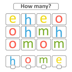 Counting game for preschool children for the development of mathematical abilities. Count the number of letters in the picture. With a place for answers. Simple flat isolated vector illustration.