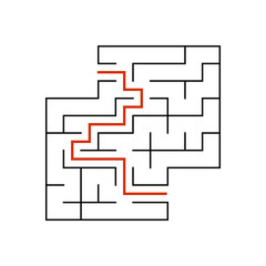 Black square maze with entrance and exit. An interesting game for children. Simple flat vector illustration isolated on white background. With a place for your drawings. With the answer.