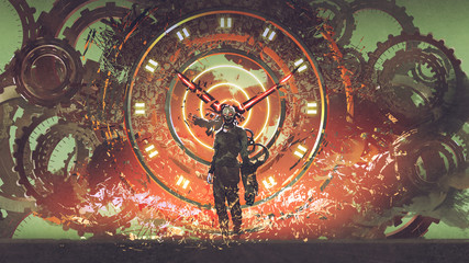 cyborg man standing on cogs gears wheels steampunk elements backgound, digital art style, illustration painting - obrazy, fototapety, plakaty