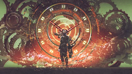 Poster de jardin Grand échec homme cyborg debout sur des roues d& 39 engrenages à engrenages, arrière-plan d& 39 éléments steampunk, style art numérique, peinture d& 39 illustration