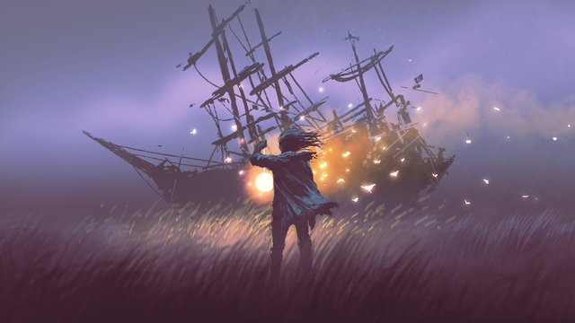 night scenery of a man with magic lantern standing in field looking at shipwreck, digital art style, illustration painting