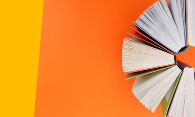 Books collection on color background