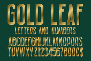 Gold leaf font of letters, numbers with currency signs of dollar and euro. Isolated typographic symbols.