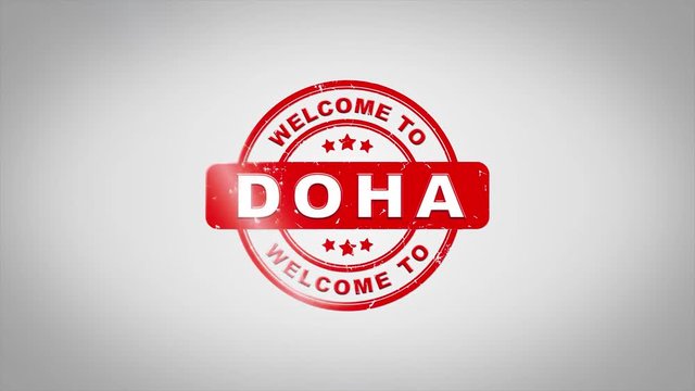 Welcome to DOHA Signed Stamping Text Wooden Stamp Animation. Red Ink on Clean White Paper Surface Background with Green matte Background Included.