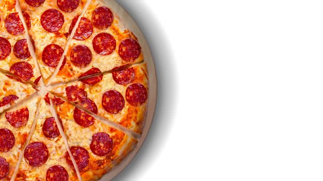 Single image of a pepperoni pizza on a white background. Background video.
 