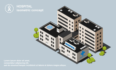 Hospital with helipad isometric vector illustration.