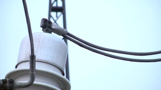 Transformer substation. High-voltage SF6 circuit breaker. Connecting the wire and the high voltage switch.